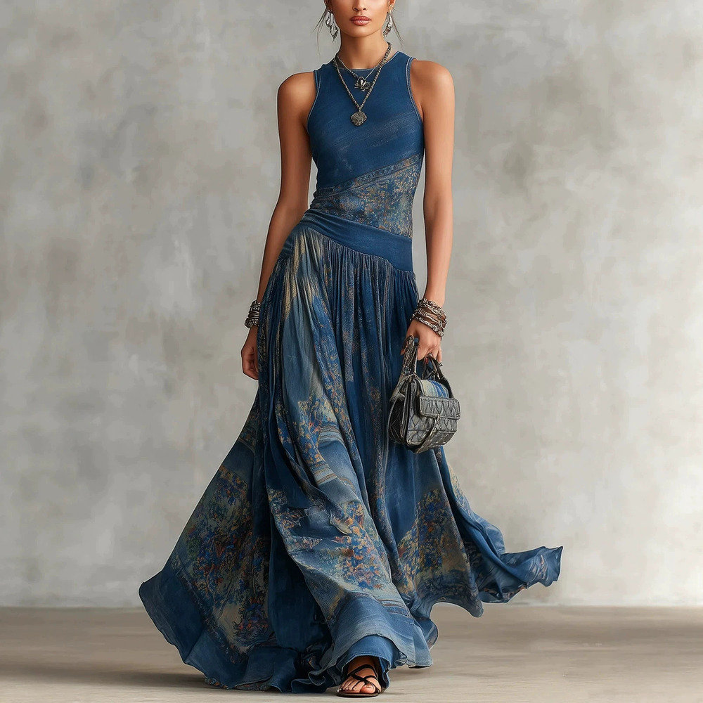 ZARA Elegant Digital Print Sleeveless Round Neck Flared Maxi Dress